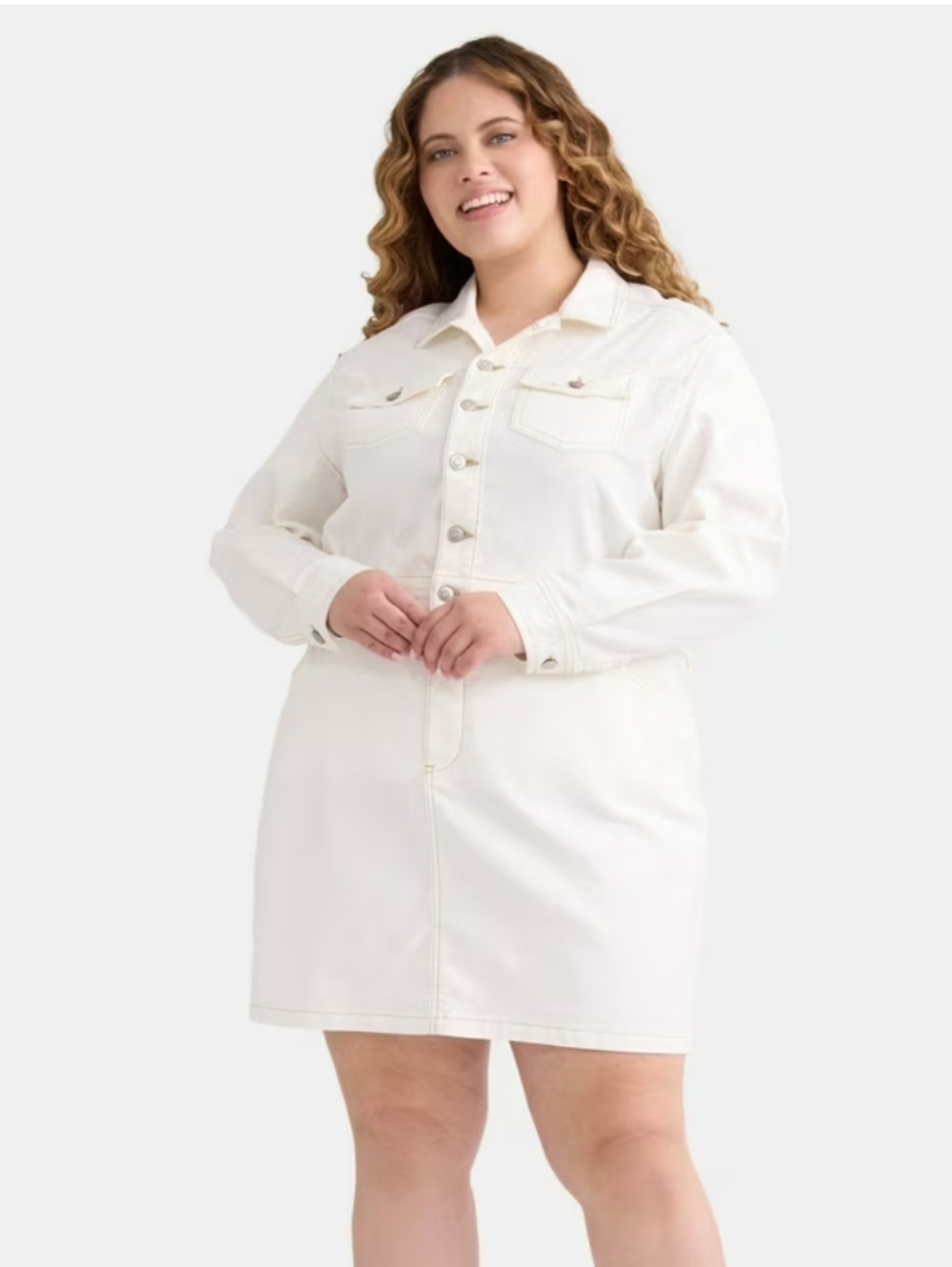 Terra & Sky Women's Plus Denim Mini Utility Dress Off White 3X (22W-24W) New